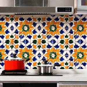 Kitchen backsplash featuring colorful Moroccan geometric tile stickers in a modern home