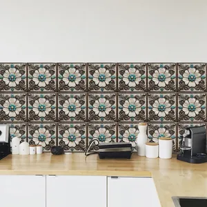 European vintage marble pattern tile stickers with cream floral relief for kitchen wall decor