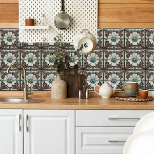 Kitchen backsplash featuring vintage blue marble tile stickers with floral patterns