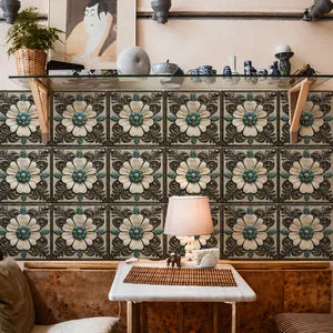 Detail of 3D embossed wall tile featuring vintage blue floral and baroque scroll patterns