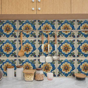 Detailed retro marble-style tile stickers featuring yellow floral patterns in a kitchen scene