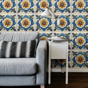 Retro marble pattern wall stickers applied to a living room wall behind a sofa