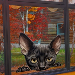 Detail van een realistische zwarte kat raamsticker met grote gele ogen op glasoppervlak