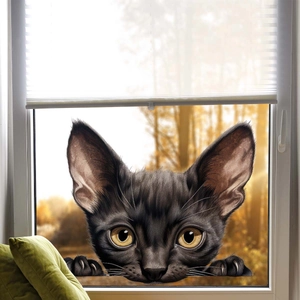 3D realistische zwarte kat raamsticker met heldergele ogen op glazen ondergrond