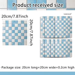 Detail of blue and white checkered tile stickers showing glossy texture and 20cm x 20cm size