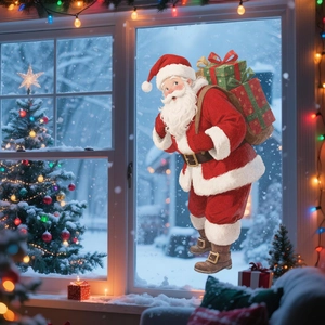Cartoon Santa Claus static window sticker with gift bag for Christmas glass decoration