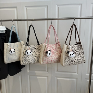 Damen Große Kapazität Gewebte Tote Bag Cartoon Graffiti Muster Schultertasche Mit Süßem Panda Anhänger Lässig Mode Shopping Handtasche