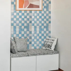 Blue and white marble texture checkered wall stickers applied in a modern home interior