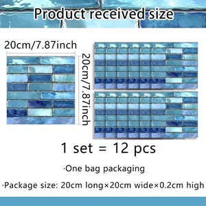 Detailed size chart showing a 12-piece set of blue mosaic tiles measuring 20x20cm each