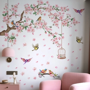 Close-up of pink cherry blossoms and colorful birds wall stickers for home decor