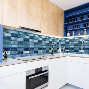 Detailed blue mosaic tile wall sticker applied as a waterproof kitchen backsplash decor