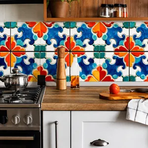Close-up of vintage geometric pattern kitchen tile stickers in a modern home setting