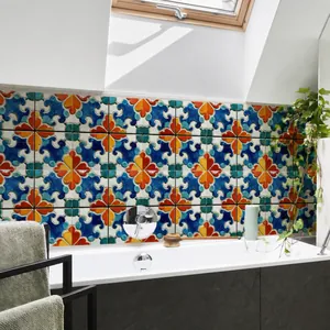 Vibrant mandala pattern tile stickers used as a decorative backsplash in a modern bathroom