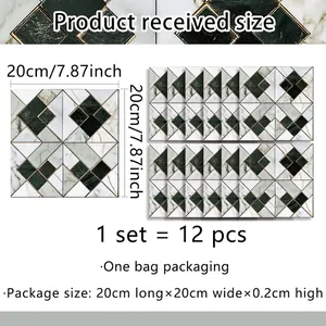 Emerald marble tile stickers with gold geometric lines for kitchen wall decor
