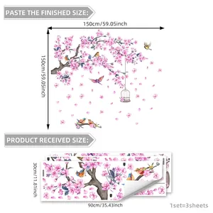 Floral wall decal with birdcages and pink cherry blossoms size chart display