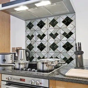 Self-adhesive marble and green geometric tile stickers for kitchen backsplash decoration