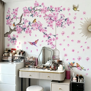Floral wall sticker with cherry blossoms and colorful birds for bedroom home decoration