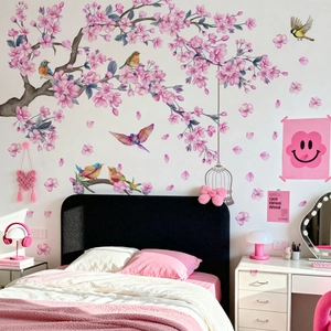 Modern cherry blossom branch wall decals with birds and birdcages for bedroom decoration
