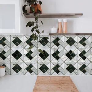 Macro view of geometric marble pattern tiles used as a modern kitchen backsplash decor
