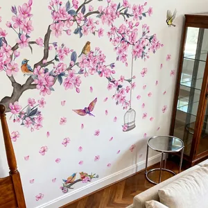 Creative pink cherry blossom tree wall decal with birds and birdcage for living room decor