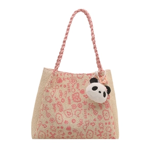 Sac fourre-tout brodé beige avec motifs roses et pendentif panda en peluche