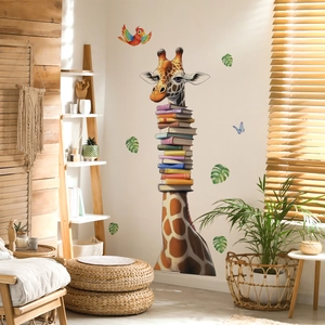 Cartoon giraffe with stacked books wall decal for nursery and living room decor