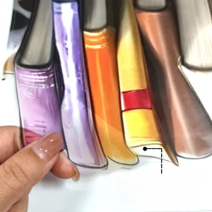 Detail of transparent adhesive wall sticker showing colorful cartoon books and flexibility