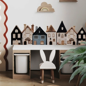 Stickers muraux bohèmes en forme de maisons aux tons Morandi pour chambre d'enfant