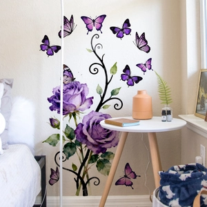Autocollants Muraux Roses Violettes Vigne Papillon PVC Amovibles Auto-adhésifs Décoration Maison Pour Chambre Salon