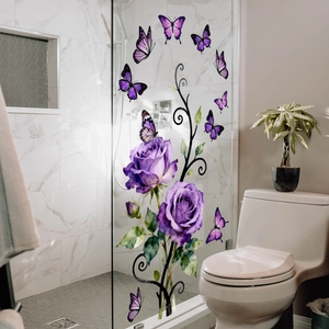 Stickers muraux floraux avec roses violettes et papillons pour décoration de maison