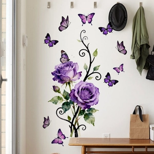 Stickers muraux élégants roses violettes et papillons pour salon et chambre à coucher