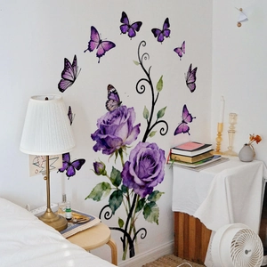 Stickers muraux de roses violettes avec papillons pour décoration de chambre maison