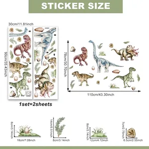Cartoon dinosaur gold foil wall stickers with watercolor animals and plants 110x78cm