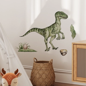 Detail of watercolor dinosaur wall decals featuring a green raptor and dinosaur eggs