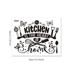 Minimalist black kitchen wall sticker with heart of home quote and utensil silhouettes