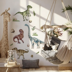 Watercolor dinosaur wall stickers set with T-rex and palm leaves for nursery room decor