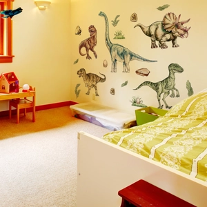 Cartoon dinosaur wall decals featuring T-Rex and palm leaves for kid's room decor