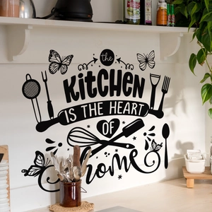 Black vinyl kitchen wall sticker with quote The Kitchen is the Heart of the Home and icons