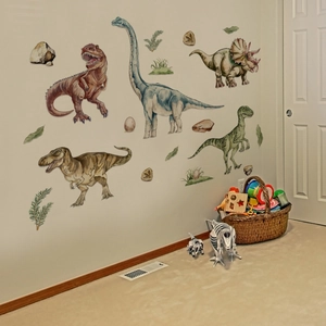 Detailed watercolor dinosaur wall stickers on child room wall with realistic forest elements