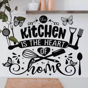Kitchen is the heart of home wall decal with silhouette utensils on white tiles