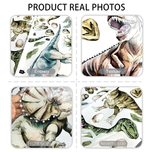 Detail of dinosaur wall decals showing watercolor textures and matte PVC material finish