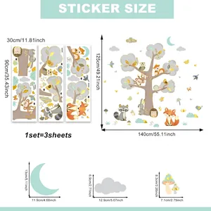 Size guide for forest animals and green tree wall stickers with fox and owl motifs