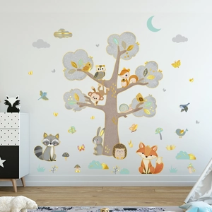Creative forest animals wall sticker with grey tree fox and raccoon for nursery decor