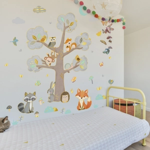 Cartoon forest animals and green tree wall stickers for kids nursery bedroom decor
