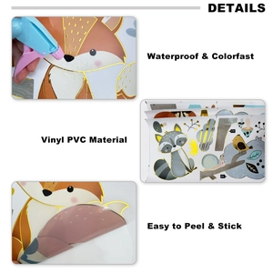 Macro detail of waterproof vinyl PVC wall stickers featuring forest animals like foxes