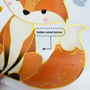 Detail shot showing the golden raised texture and 3D embossing on cartoon fox wall sticker