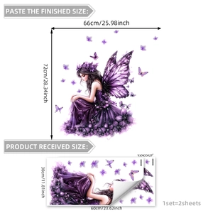 Detail view of purple fairy wall sticker with dimensions and packaging layout spec