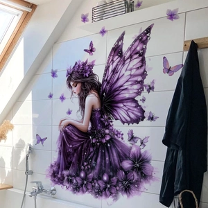 Detailed fairy girl wall sticker with purple wings and butterflies on white tile wall