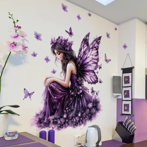 Detailed view of purple fairy wall sticker with butterfly wings and floral crown