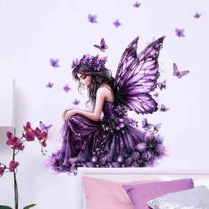 Dreamy purple fairy and butterflies wall sticker for elegant bedroom wall decoration
